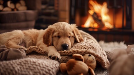 Cute little golden labrador retriever puppy sleeping comfortably near a burning fireplace