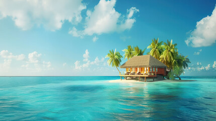 Fototapeta premium Tropical beach with few palm trees and blue lagoon. Paradise island with white sand, turquoise ocean, and no pollution. Idyllic resort for luxury holidays, honeymoon, and relaxation.