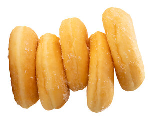 Top view of sugar glazed cinnamon donuts in stack isolated on white background with clipping path