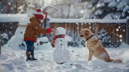 child and golden retriever labrador making snowman, cute winter joys, children's happiness
