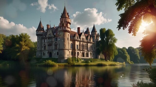 The view of the old castle is on the river bank with a big old tree beside the castle. Seamless 4K looping video animation generated AI