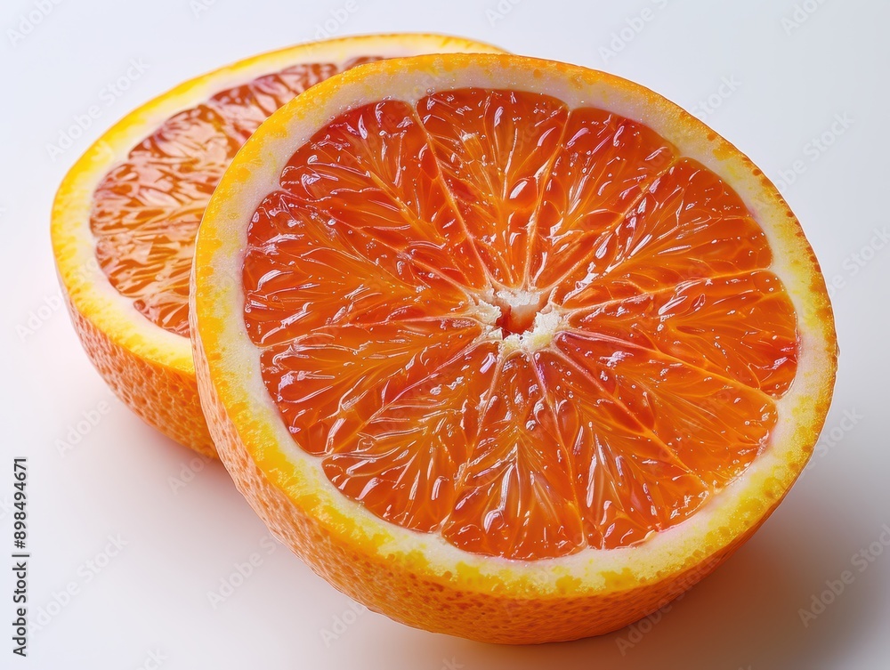 Wall mural vibrant fresh orange sliced in half on white background