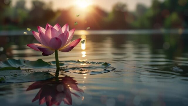 A view of lotus flowers blooming in the morning in the middle of the lake. Seamless 4K looping video animation generated AI