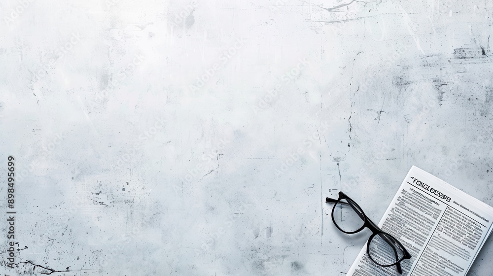 Poster black eyeglasses lie on top of a newspaper on a grey surface. generative ai