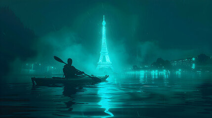 Neon Kayaking: Fluorescent silhouette of a kayaker paddling with the Eiffel Tower in the background on a dark turquoise background.


