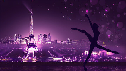 Gymnast Silhouette: Silhouette of a gymnast performing a split leap with the Eiffel Tower glowing in the background on a dark purple background.


