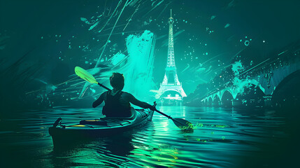 Neon Kayaking: Fluorescent silhouette of a kayaker paddling with the Eiffel Tower in the background on a dark turquoise background.


