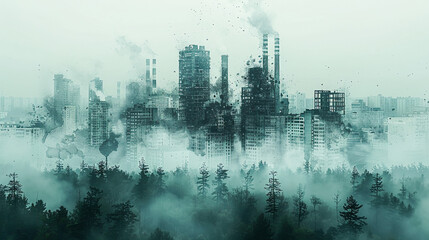 Fototapeta premium Industrial Impacts: Smoky Watercolor Skyline with Air Pollution, Copy Space