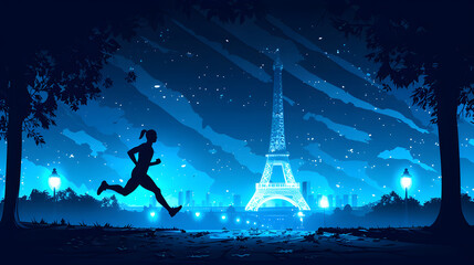 Runner Silhouette: Silhouette of a runner in mid-stride with the Eiffel Tower glowing in the background on a dark blue background.



