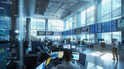 A busy trading floor with stock traders analyzing multiple screens showing real-time stock charts and market data,