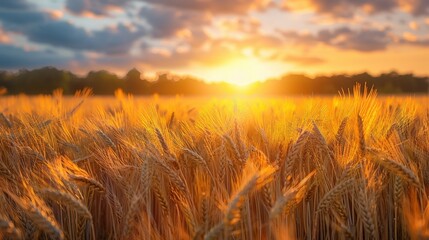 Naklejka premium Vibrant Wheat Field at Sunset with Dramatic Clouds
