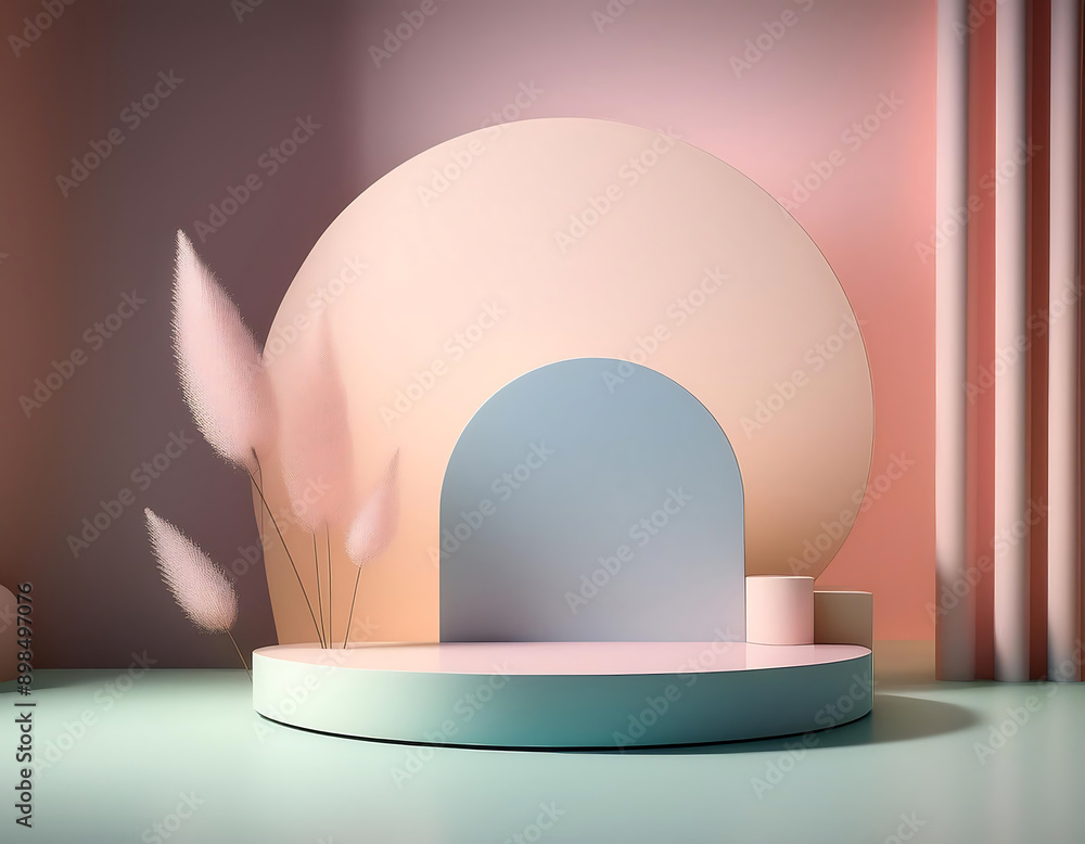 Poster  3D Product Display Stand- A minimalist podium in a pastel setting with soft lighting. T_1(8)