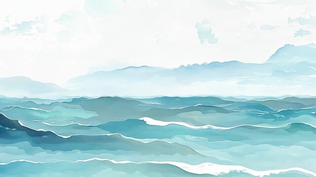 A watercolor painting depicts blue ocean waves with a misty sky in the background.