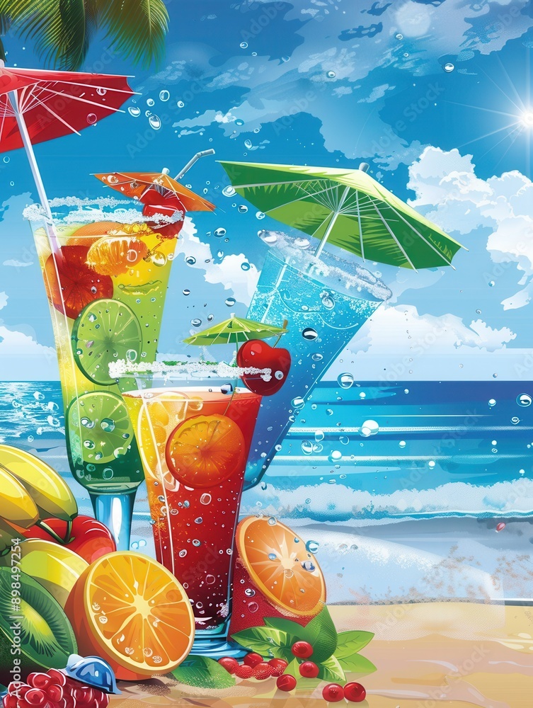 Poster tropical drinks with colorful fruit garnishes and umbrellas sit on a sandy beach with an ocean view.