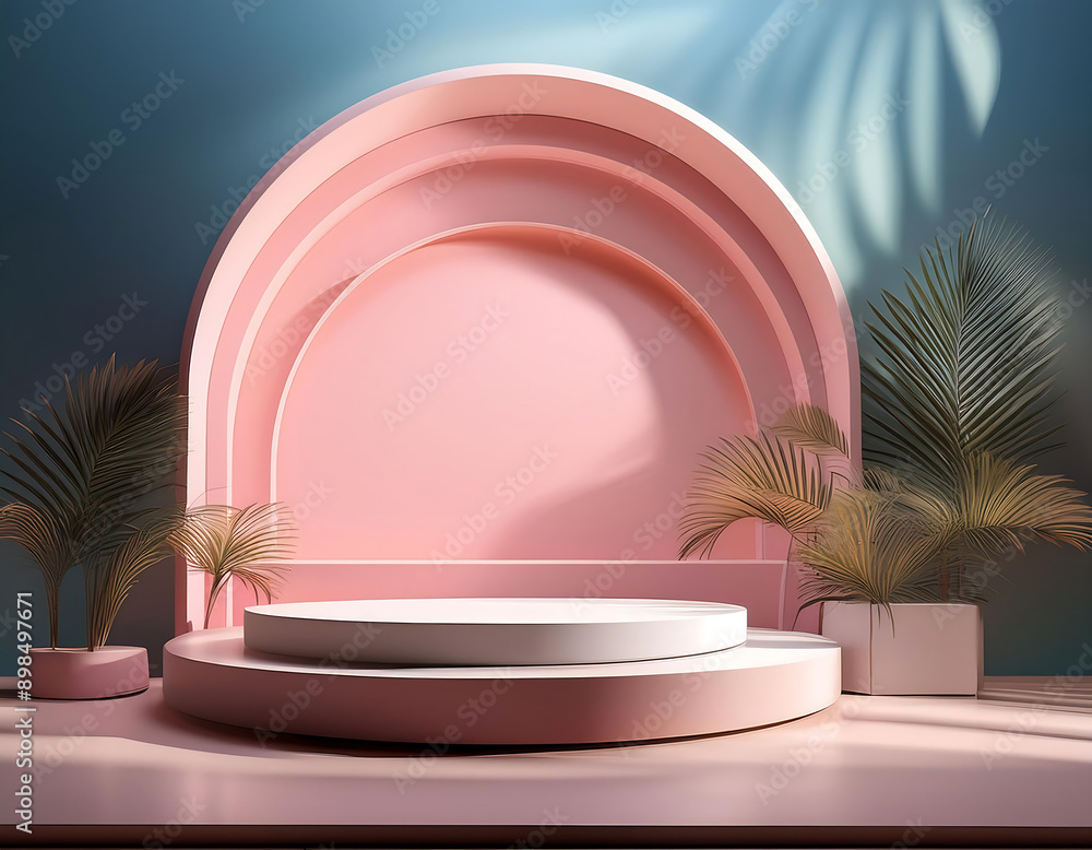 Poster  3D Product Display Stand- A minimalist podium in a pastel setting with soft lighting. The p_1(7)
