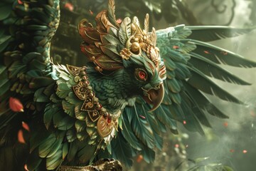 Obraz premium Ornate Green Bird with Golden Accents