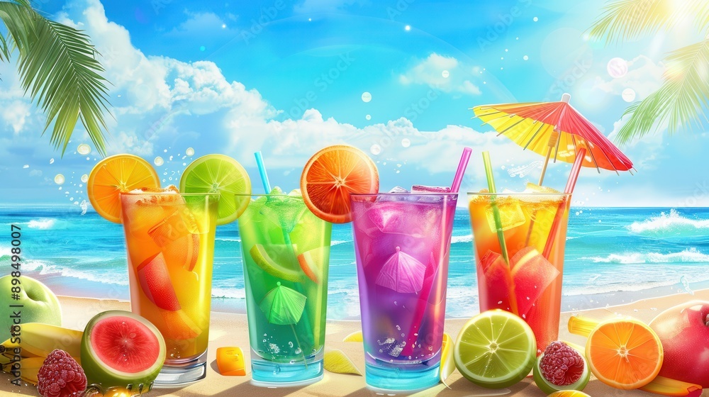 Poster four colorful cocktails garnished with fruit and umbrellas sit on a sandy beach with an ocean backdr