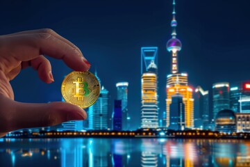 A hand holds a gold bitcoin coin in front of a nighttime cityscape of Shanghai