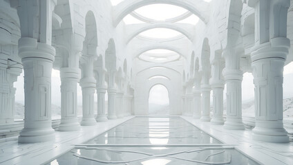 Fototapeta premium White marble columns in a grand corridor with light streaming through a window, evoking a sense of ancient European architecture