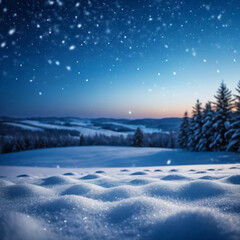 Cute Christmas landscape covered with fresh white snow. Wonderful winter forest. New Year Christmas atmosphere. Festive and enchanting winter wonderland. Snowflakes, snowdrifts and hills. AI generated