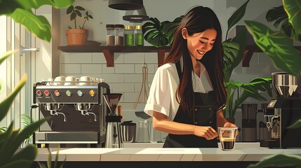 illustration female Barista Diverse Happy Female Coffee Entrepreneur