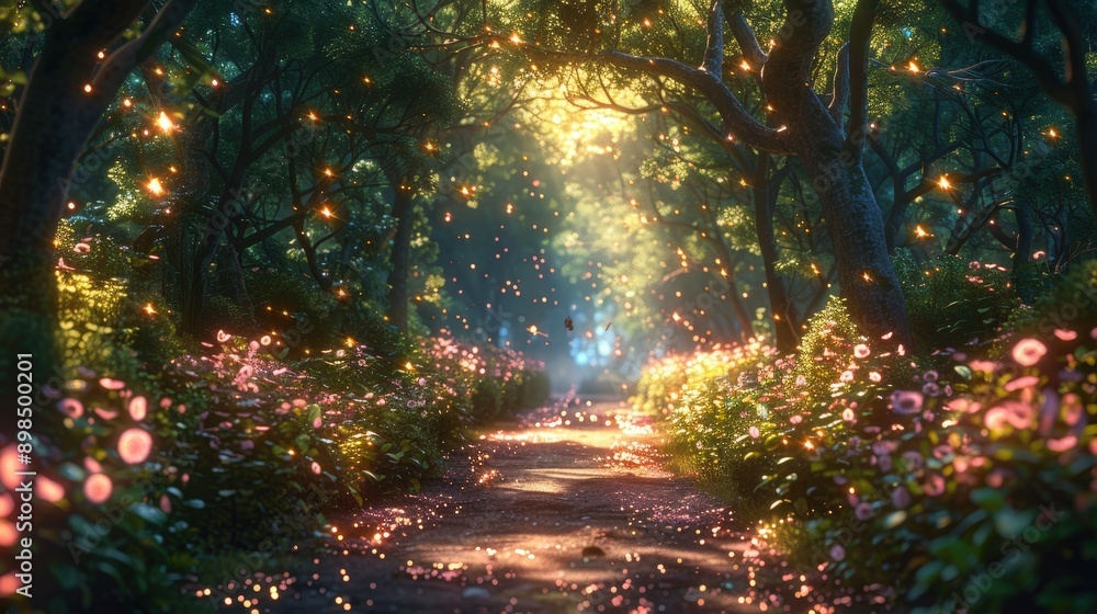 Wall mural enchanted forest path illuminated by twinkling lights