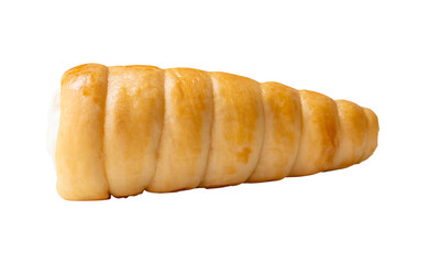 Side view of puff pastry cream horn isolated with clipping path in png file format