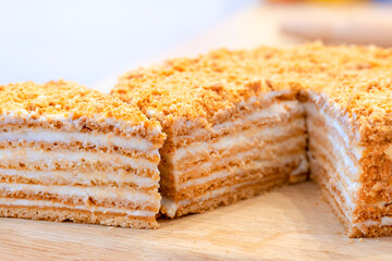 Honey cake. classic honey cake . Slit and Slice of Cake.
