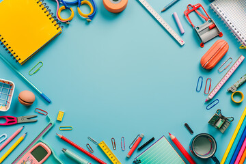 Obraz premium Photo of various school supplies arranged along the border with an empty center left for text. Items include books, pencils, rulers, and notebooks, creating an educational and vibrant theme. 
