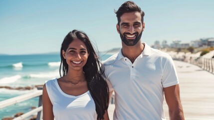 Obraz premium On a summer beach trip, a happy couple holds hands. Happiness, smiling, and younger Indian couple walking on the ocean promenade during vacation.