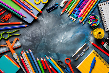 Photo of various school supplies arranged along the border with an empty center left for text. Items include books, pencils, rulers, and notebooks, creating an educational and vibrant theme. 