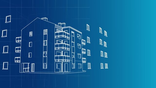 House construction drawing on blue background. 3D animation of construction process. Construction business concept. 4K video