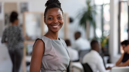 Fototapeta premium A smiling businesswoman, boss, or employee with workplace inspiration, enthusiasm, or vision. Leader, successful worker, or entrepreneur with startup firm and smile.