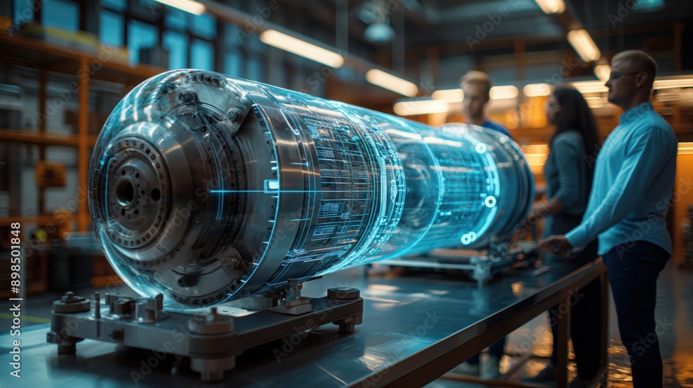 Poster engineers working on futuristic aerospace engine. engineers analyzing a high-tech aerospace engine w