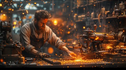 A skilled artisan blacksmith works on a piece of metal with a hammer on an anvil in the glow of forge fire, surrounded by the atmospheric ambiance of a traditional workshop.