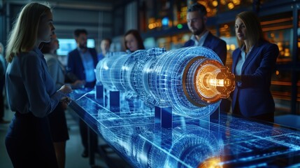 Team Discussing Advanced Aerospace Engine Design. Group of professionals discussing a detailed holographic model of an advanced aerospace engine in a high-tech laboratory setting.