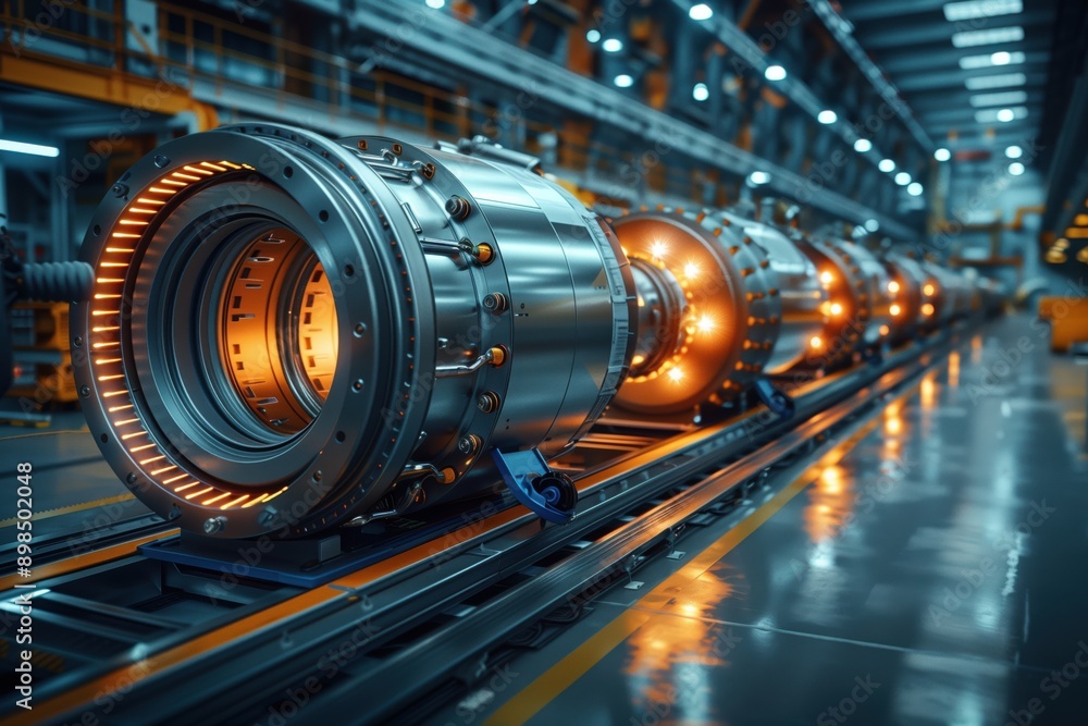 Aufkleber multiple advanced aerospace turbines lined up on a production line in a high-tech industrial setting