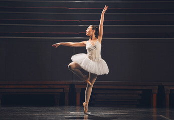 Woman, ballet and artist for dance on stage, creative and practice performance in rehearsal. Female person, dancer and movement for physical talent at academy, student and routine training at theatre