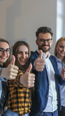 Thumbs up, company achievement, and hands in modern office teamwork celebration, review, and inspiration. Corporate winning employees support and enjoy goal feedback emoji vote.