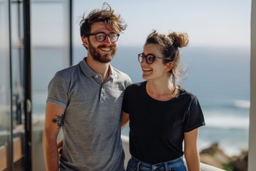 Obraz premium Indian couple with grin, love, and hug outdoors. Romance, man and woman on beach vacation, break, and weekend for happiness, relationship and marriage for vacation and hug