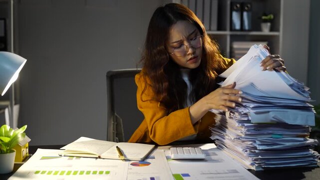 Business women  in the night office working overtime are stressed by overwork and worrying about deadlines.