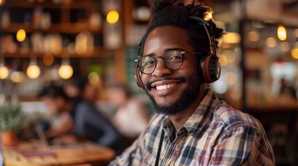 Fototapeta premium Portrait, smiling, and man inside home with headphones for music, internet streaming, or audio. Radio, podcast, jazz tune, and happy smile on technology for freedom