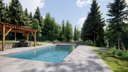 A spacious backyard features a large, rectangular swimming pool with a stone patio, a covered outdoor kitchen, and comfortable seating. The area is surrounded by lush greenery and trees