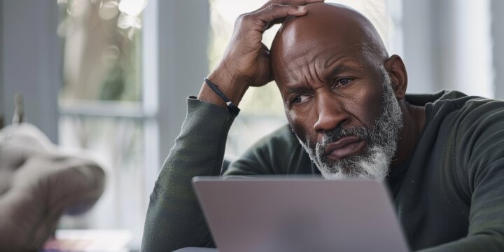 Black office laptop user with 404 technology glitch, crisis, or online trouble is stressed, headache, and frustrated. Business, fatigue, and computer errors with anxiety, confusion