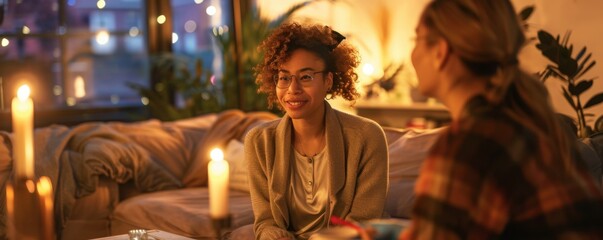 Obraz premium Two women are having a cozy conversation in a warmly lit living room with candles and comfortable seating arrangements.