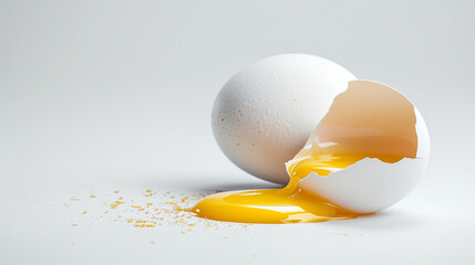 A cracked egg with the yolk and white spilling out, creating a vivid and realistic scene.