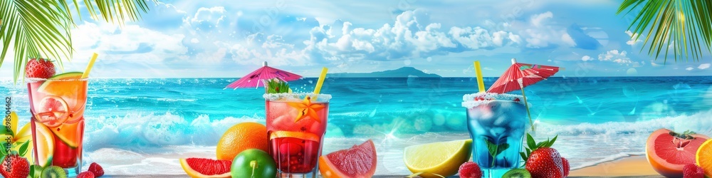 Aufkleber three colorful cocktails with fruit garnishes and umbrellas on a beach with a view of the ocean. gen