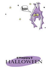 Happy Halloween poster with night sky, cute bat, holiday lettering. Vector illustration. Template for party banner, celebration announce