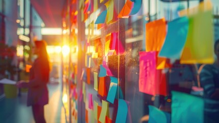 Colorful sticky notes on glass wall in a modern office with people brainstorming in the background during a vibrant sunset.