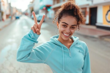 Peace sign, fitness woman, or health and wellness incentive for exercising, training, working out. Smiley, cool personal trainer, runner, or athlete on background.
